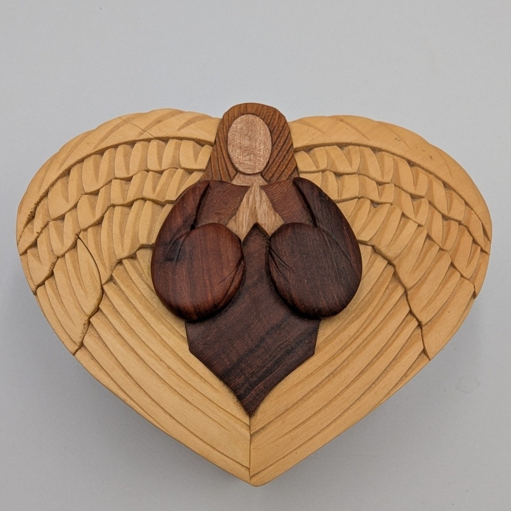 Intarsia Wood Heart Puzzle Box Praying Angel Secret Compartment 5.5"